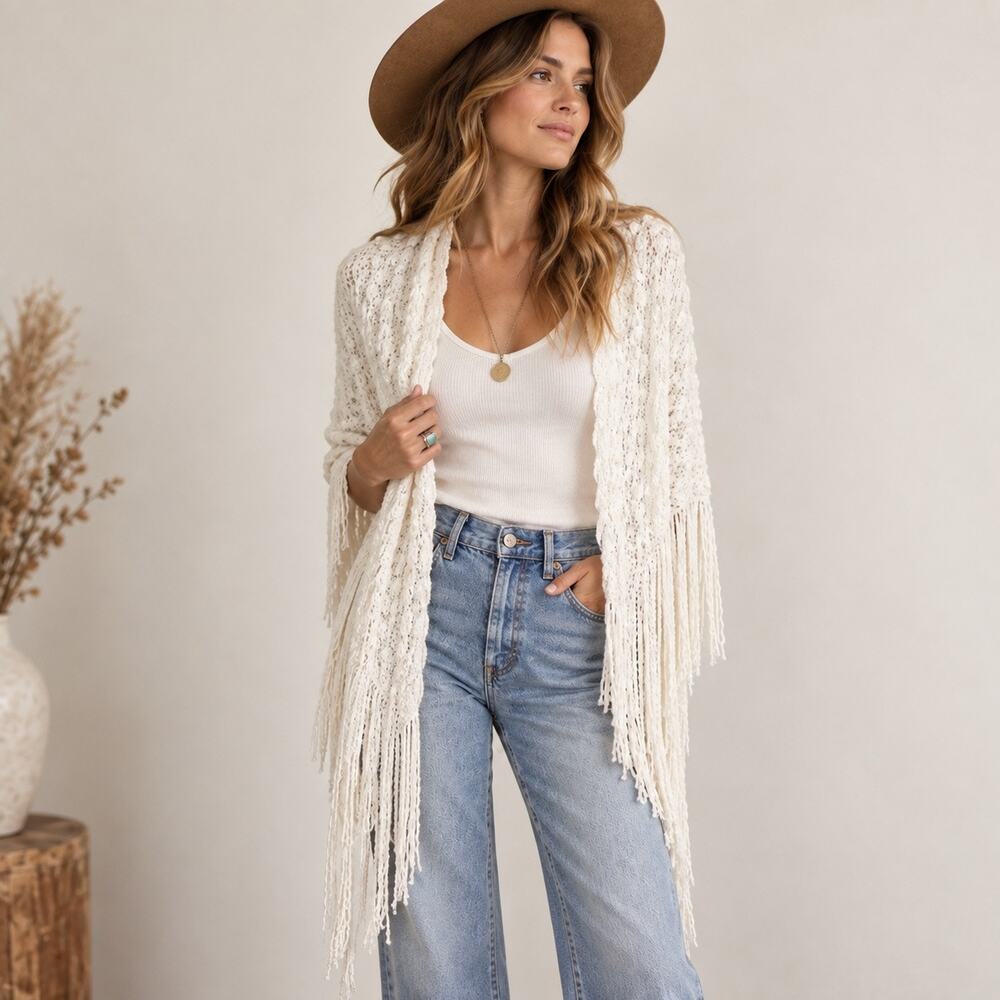 Vintage 1980s Fringed White Shawl Wrap OS